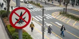 Realistic view of a South Korean street featuring official signs that indicate weed is illegal, emphasizing strict drug policies.