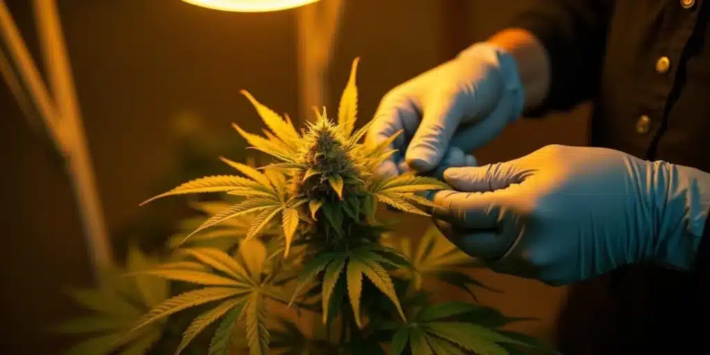 Hands analyzing cannabis flower under warm grow lights to study esters in cannabis.
