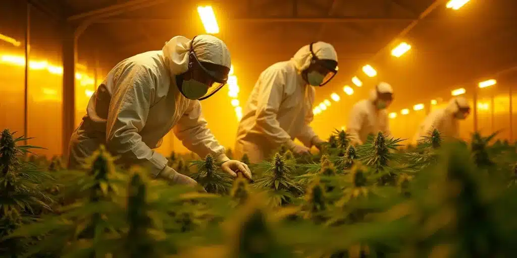 Workers in protective suits performing phytosanitation cannabis checks in grow room.