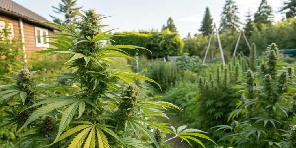 Realistic close-up of cannabis leaves in a garden, highlighting natural insect activity and biodiversity on weed plants.