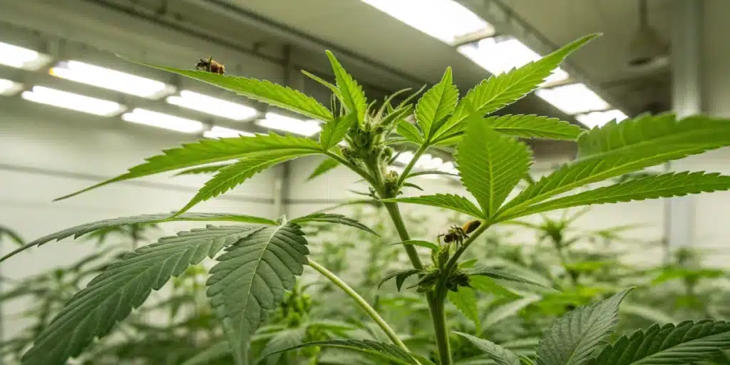Realistic view of a cannabis garden featuring dense, bushy strains with thick buds and heavy foliage under natural lighting conditions.