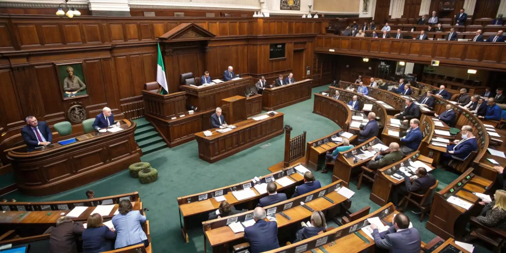 Realistic image from an Irish legislative chamber with representatives debating Ireland weed laws and cannabis policy updates.
