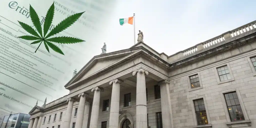 Realistic image of an Irish courthouse with cannabis legal documents, illustrating Ireland weed laws in action.