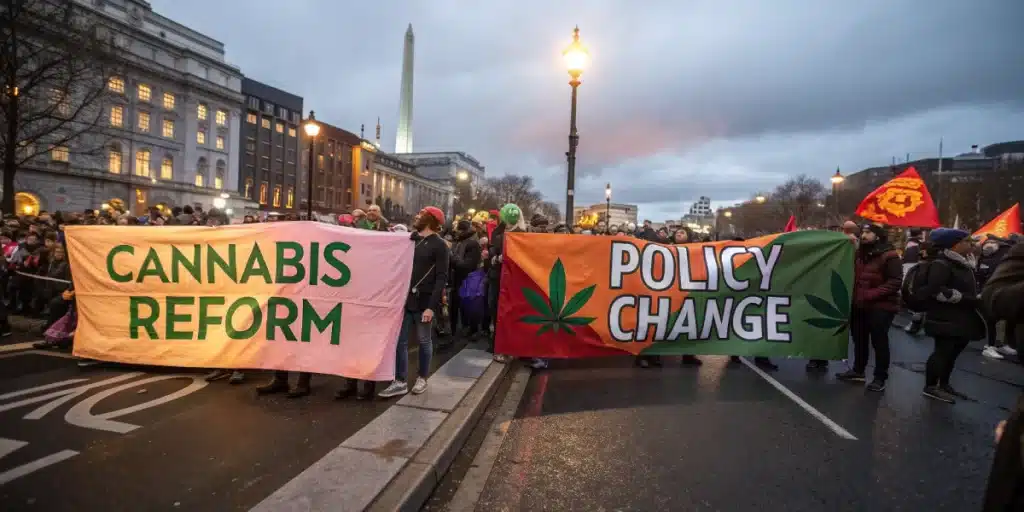 Realistic scene of a Dublin protest rally for cannabis reform, showcasing public support and debate over Ireland weed laws.