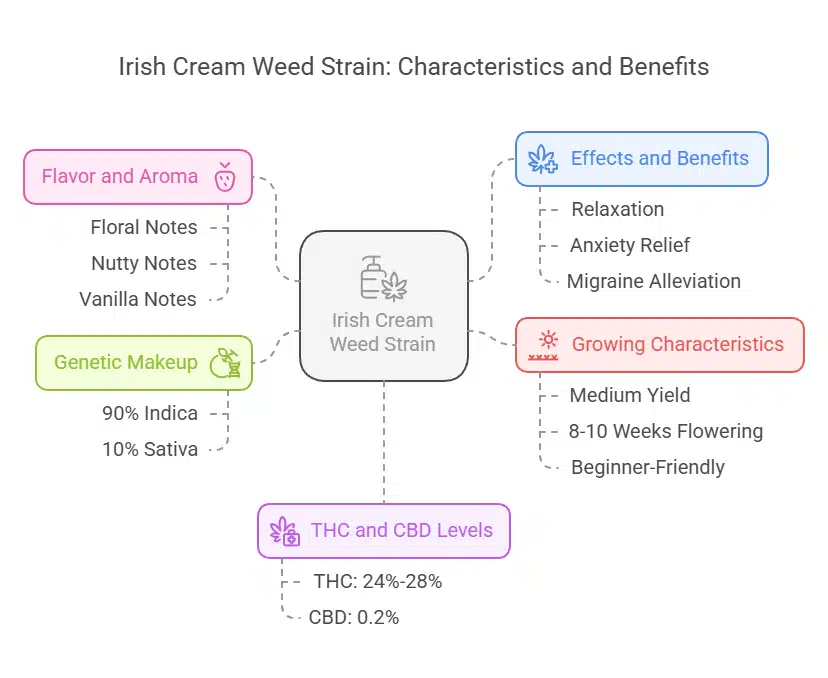 Irish Cream Weed Strain infographic showing flavor, effects, genetics, THC/CBD levels, and growing traits in a clean visual layout.