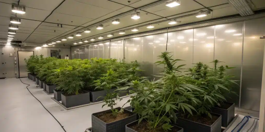 Irish Cream Weed Strain plants maturing indoors in a sterile grow room under bright ceiling lights during flowering phase.