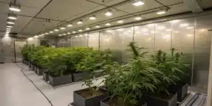 Irish Cream Weed Strain plants maturing indoors in a sterile grow room under bright ceiling lights during flowering phase.