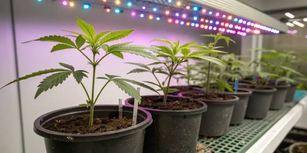 Irish Cream Weed Strain young plants in black pots under multicolor LED lights during indoor vegetative stage.