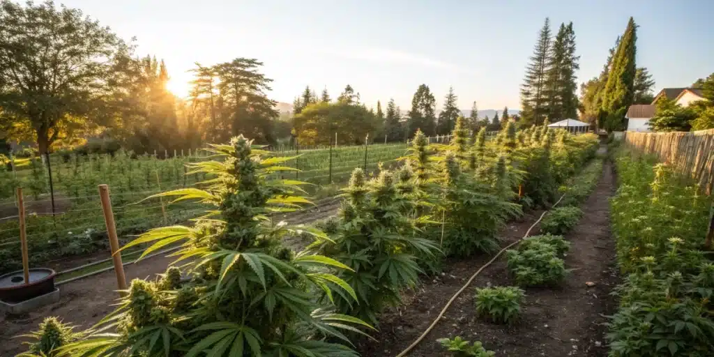 large outdoor cannabis field at sunset with tall flowering cannabis plants