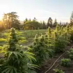large outdoor cannabis field at sunset with tall flowering cannabis plants