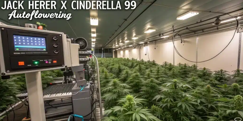 Jack Herer x Cinderella 99 Autoflowering strain growing indoors in a high-tech facility with climate control equipment.