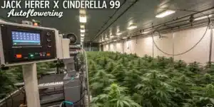 Jack Herer x Cinderella 99 Autoflowering strain growing indoors in a high-tech facility with climate control equipment.