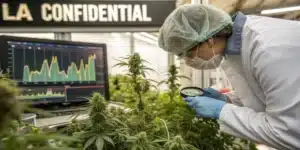 Scientist inspecting LA Confidential Weed Strain buds with a magnifying glass in a lab setting with data analysis on screen.