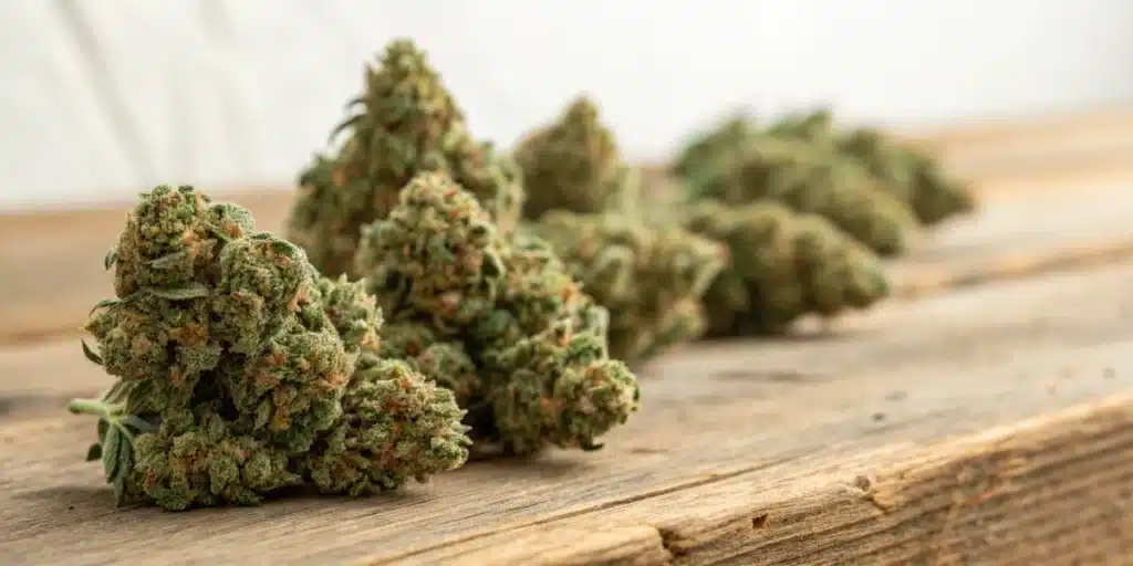 Realistic close-up of cannabis buds from best strains for laughing, highlighting their trichomes and vibrant colors.