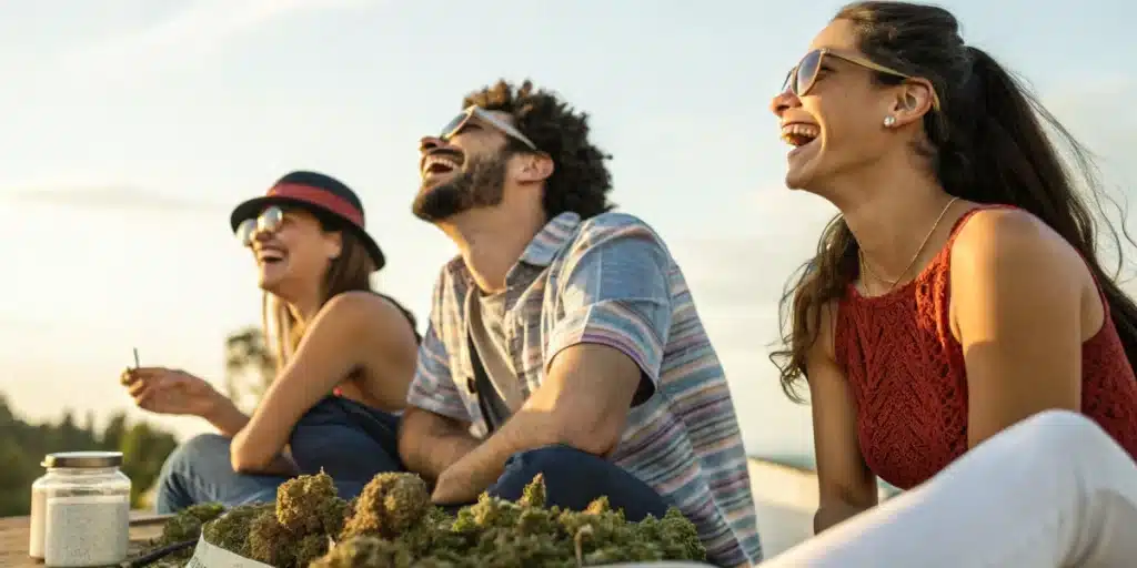 Realistic image of friends enjoying best strains for laughing, showing vibrant smiles and relaxed outdoor ambiance.