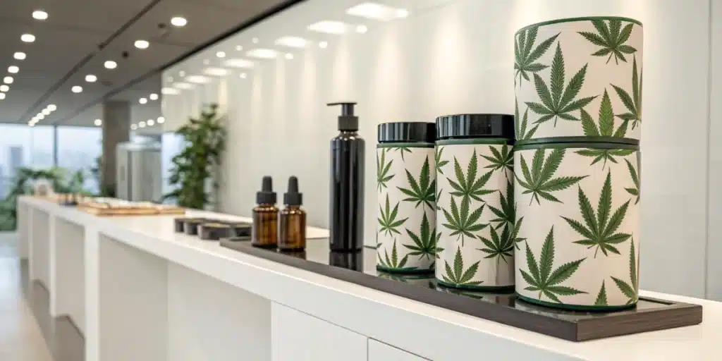 Realistic image of an indoor cannabis display showcasing best strains for laughing, with stylish packaging and a cheerful atmosphere.