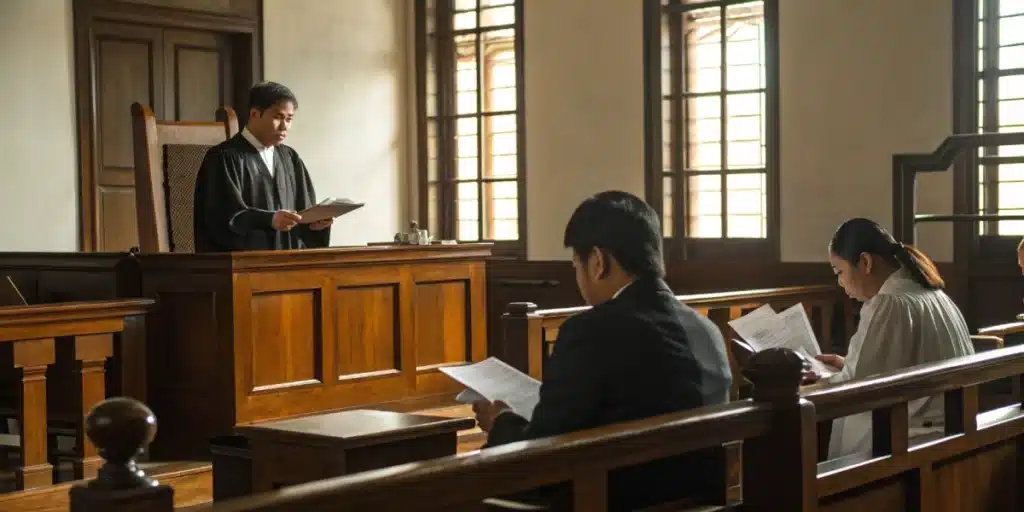 A Philippine courtroom scene with lawyers discussing “is marijuana legal in the philippines” documents.