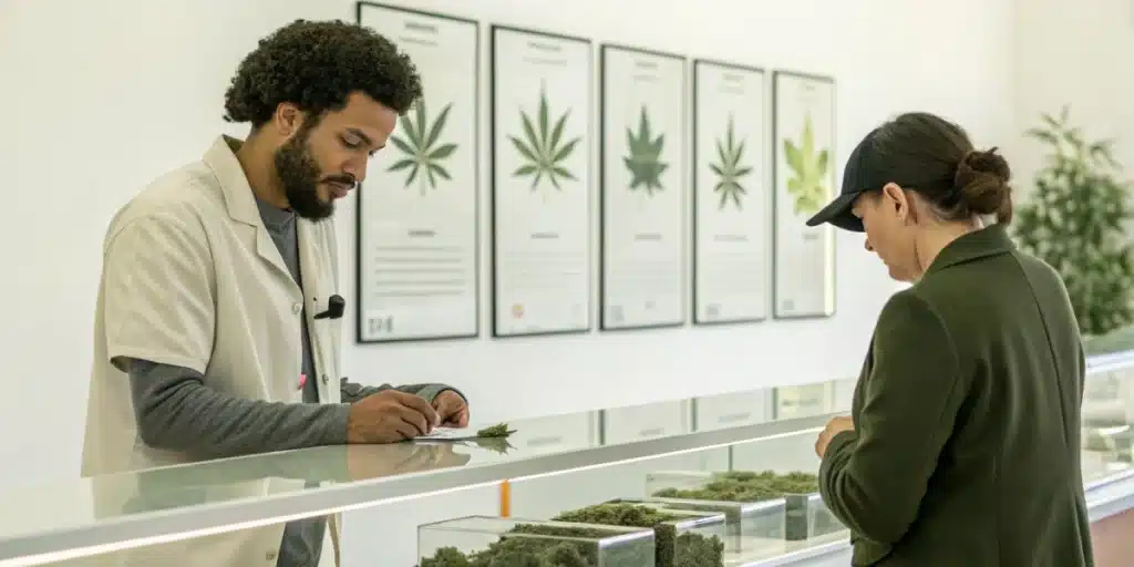 Realistic image of a cannabis retail counter in Wisconsin with staff and regulatory posters, illustrating key details of THC legal in Wisconsin.
