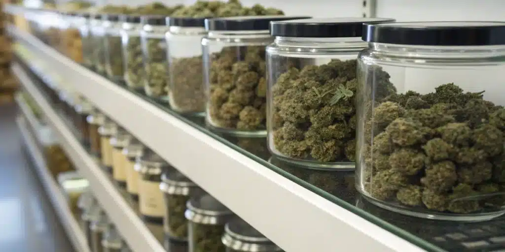 Realistic view of cannabis products on display at a Wisconsin store, highlighting compliance and guidelines for THC legal in Wisconsin.