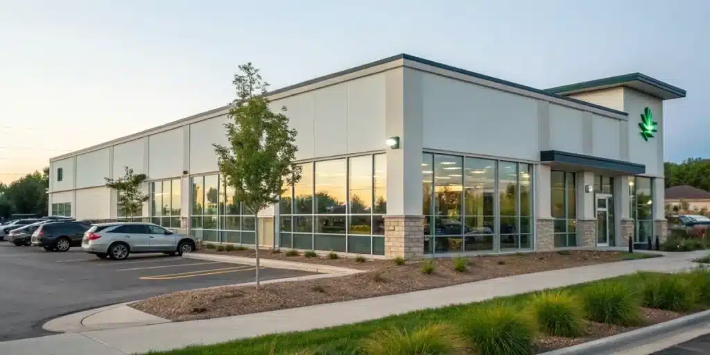 Realistic image of a cannabis dispensary in Wisconsin showing legal status signage and state branding for THC legal in Wisconsin.