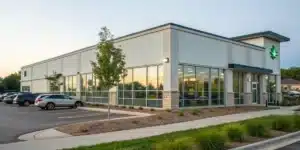 Realistic image of a cannabis dispensary in Wisconsin showing legal status signage and state branding for THC legal in Wisconsin.