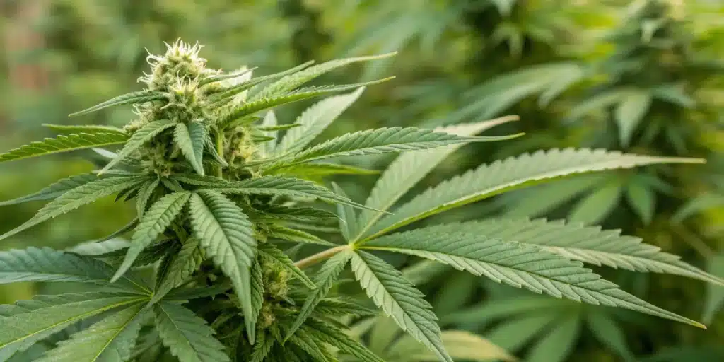 Realistic image showing a cannabis plant mid-flowering with fan leaves strategically removed to enhance light exposure.