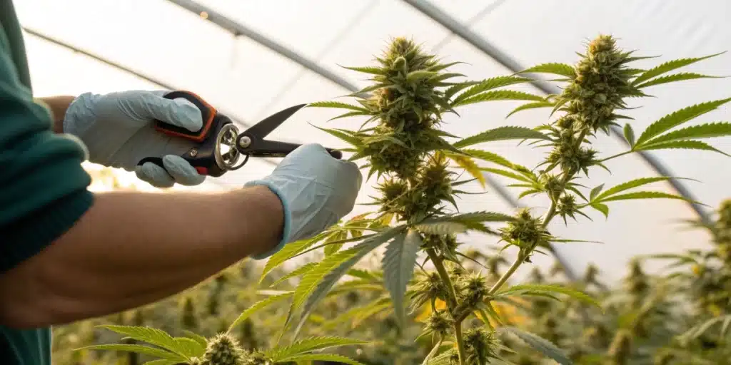 Realistic close-up of a grower carefully removing fan leaves from a cannabis plant during flowering for improved airflow and yield.
