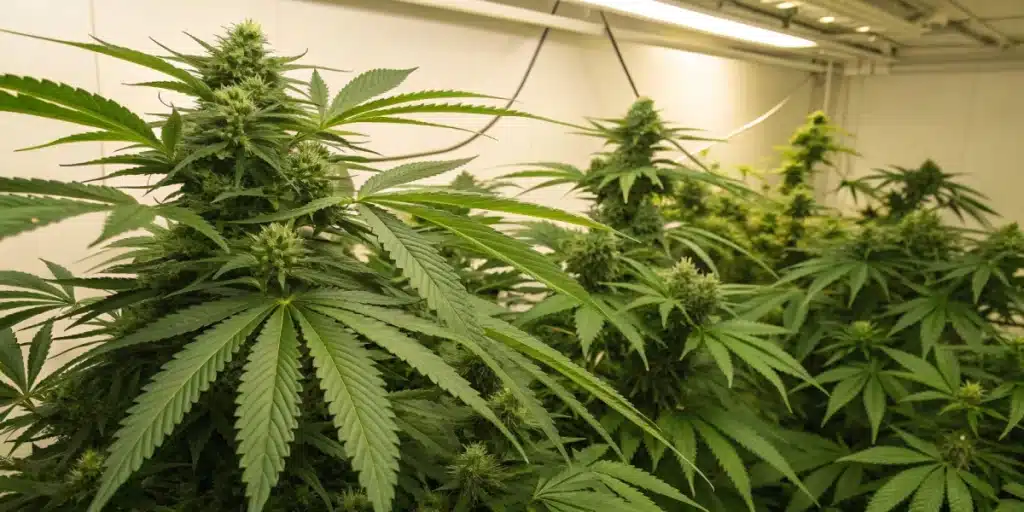 Realistic photo of a cannabis canopy with fan leaves pruned, emphasizing enhanced light and airflow for optimal bud growth.