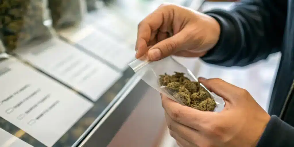 A realistic close-up of a hand holding a small package of cannabis next to clearly displayed local guidelines on cannabis use in Amsterdam.