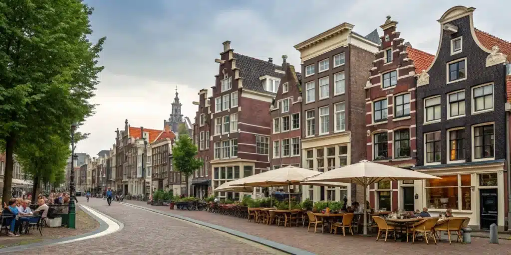 A realistic street view of Amsterdam highlighting distinctive local architecture and outdoor seating, with gentle cues about Amsterdam’s weed regulations.