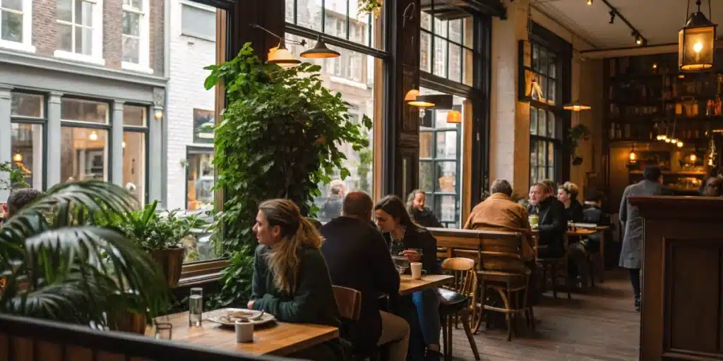A realistic photo capturing the bustling interior of an Amsterdam coffee shop, featuring subtle signage about Amsterdam cannabis policies, lively patrons, and a welcoming ambiance.