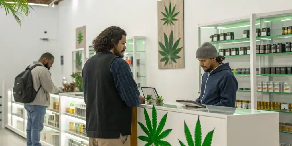 Local entrepreneurs manage a licensed cannabis shop with is weed legal in columbia displayed.