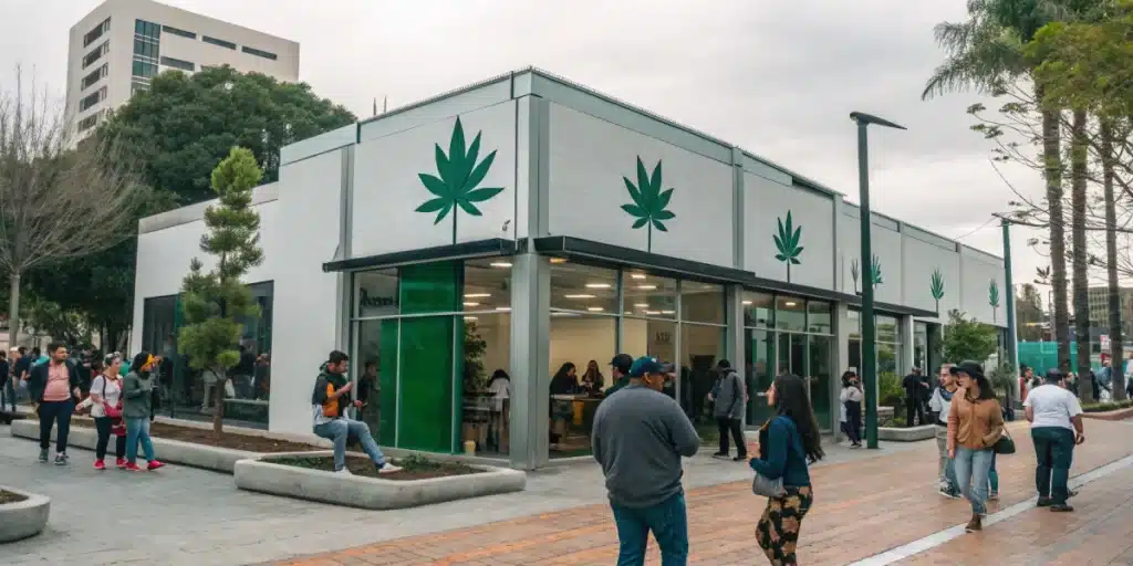 Modern cannabis dispensary with is weed legal in columbia sign in vibrant urban setting.