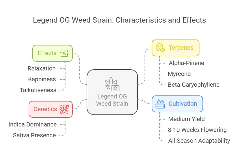 Legend OG Weed Strain diagram showing effects, genetics, terpenes, and cultivation traits with colored icons