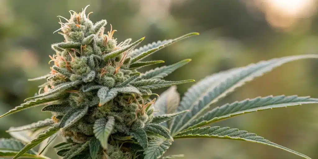 Legend OG Weed Strain close-up showing dense frosty buds and orange pistils under soft natural light outdoors