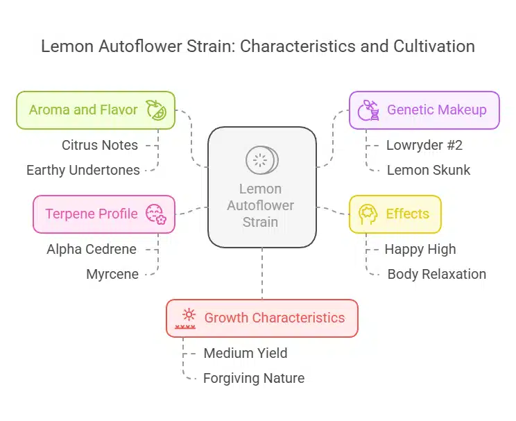 Lemon Autoflower Strain diagram detailing growth characteristics, effects, genetics, and terpene profile for home growers