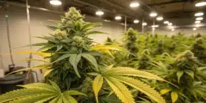 Dense Lemon Autoflower Strain buds thriving in an indoor grow room under bright overhead lights and surrounded by maturing plants