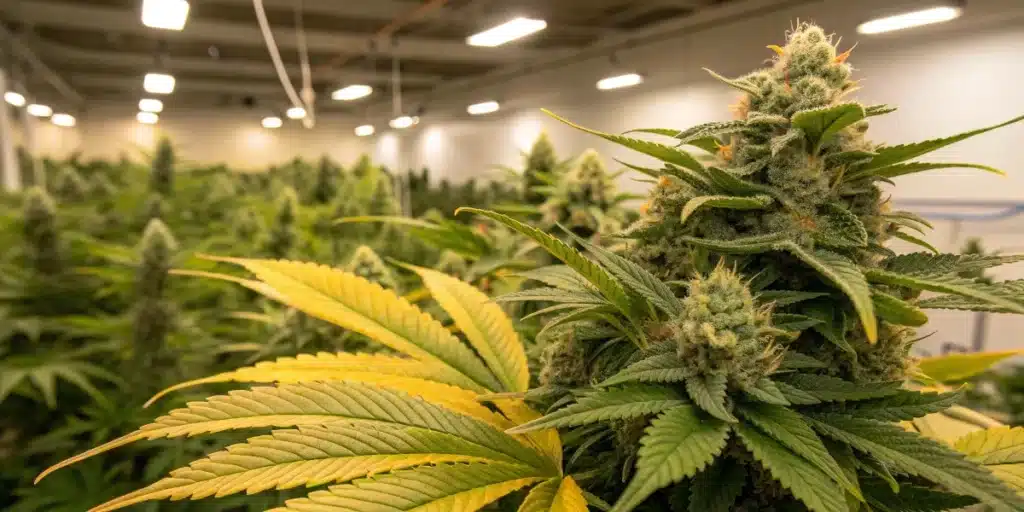 Lemon Autoflower Strain plant with yellowing fan leaves in an advanced indoor flowering stage under controlled lighting setup