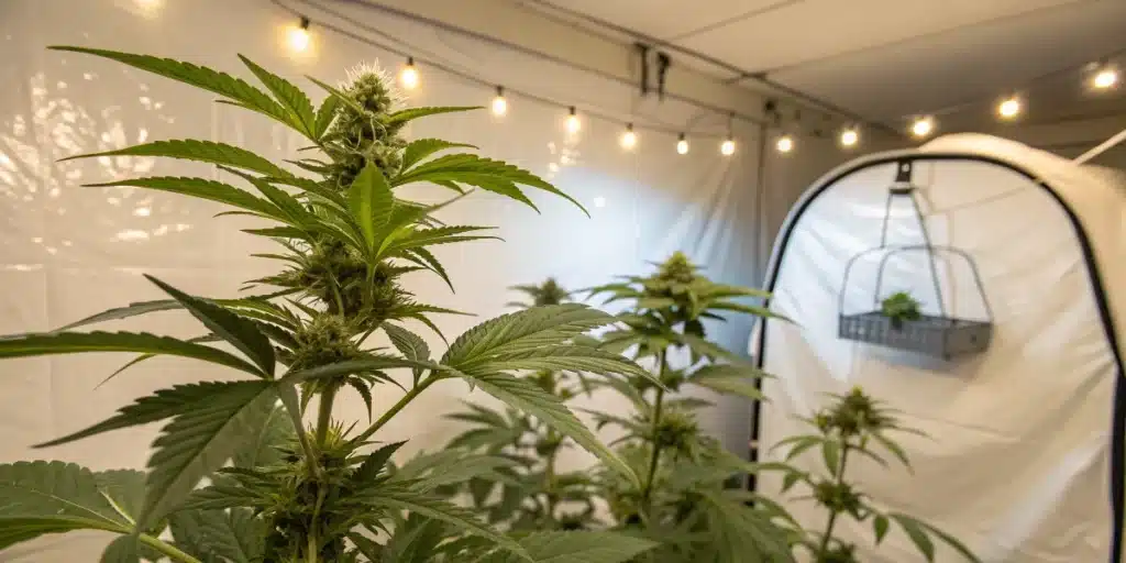 Indoor cultivation of Lemon Haze Diesel Weed plants under string lights with white grow tent in the background.