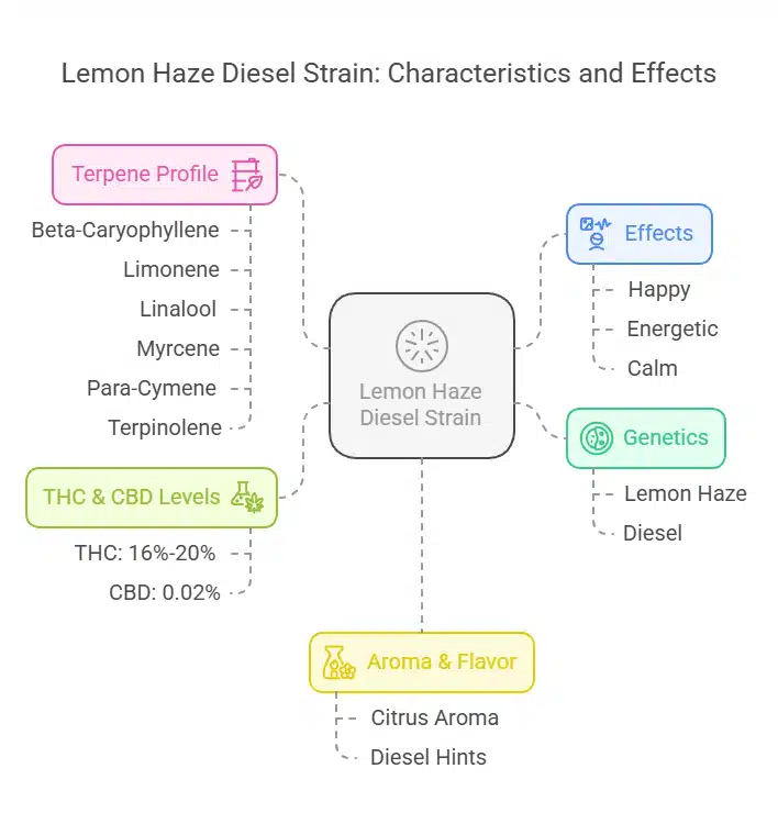 Lemon Haze Diesel Weed strain diagram showing terpene profile, effects, THC and CBD levels, aroma, and genetics.