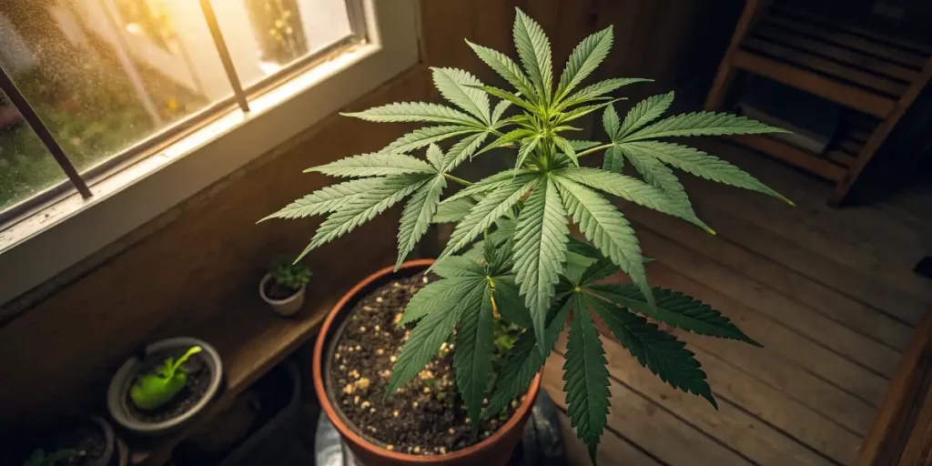 Lush cannabis plant in a pot with a few green caterpillars.