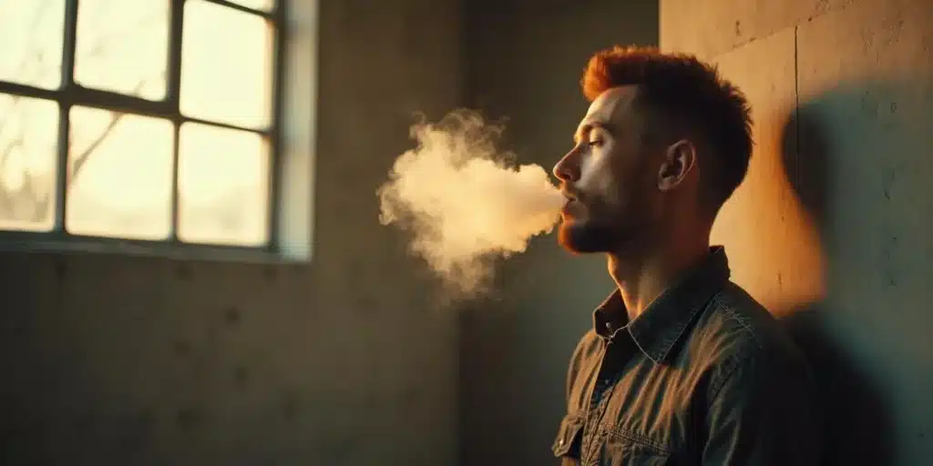 Man exhaling weed smoke near window raising concern if weed smell can go through walls.