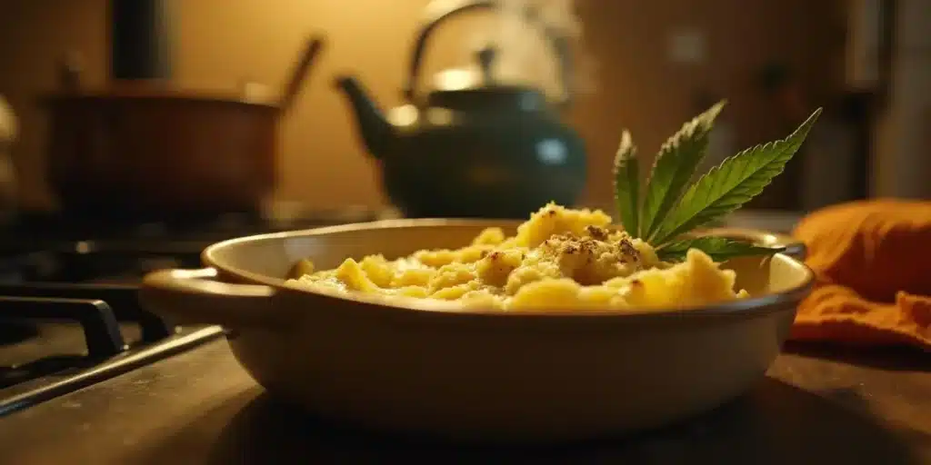 Bowl of mashed potatoes topped with a cannabis leaf and fresh pepper on a stovetop.
