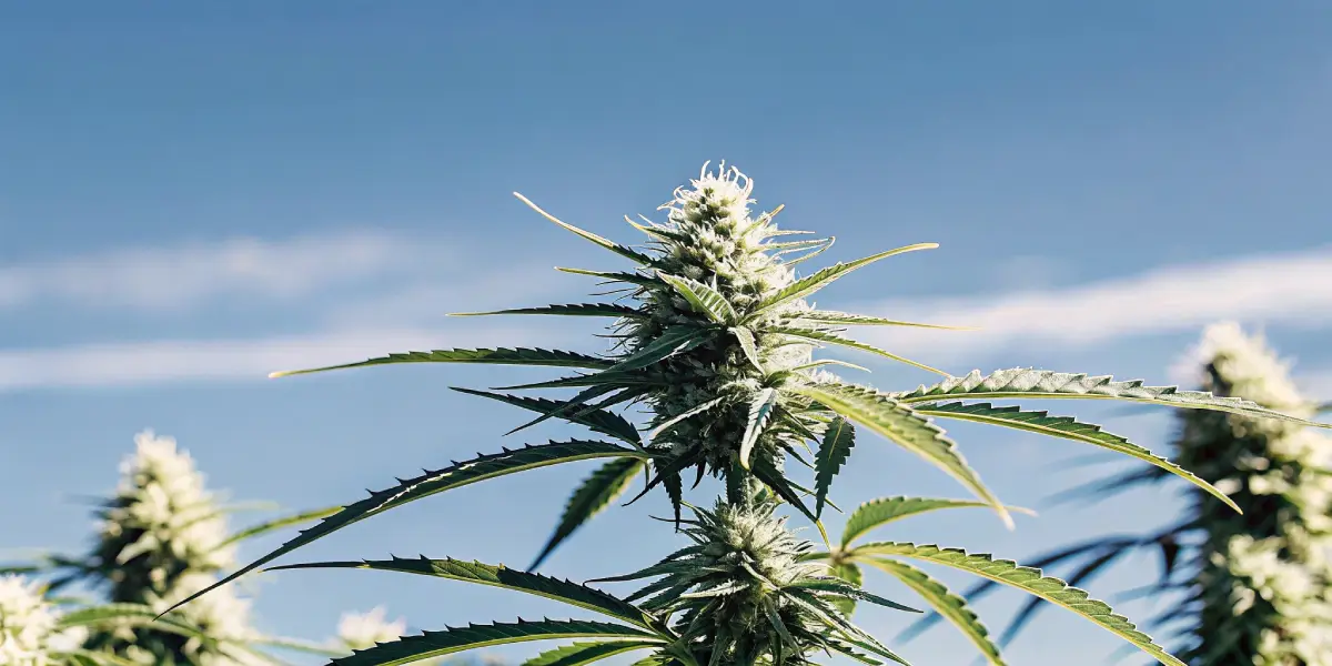 Mature outdoor cannabis plant with reddish-brown leaves against a bright sky at sunset.