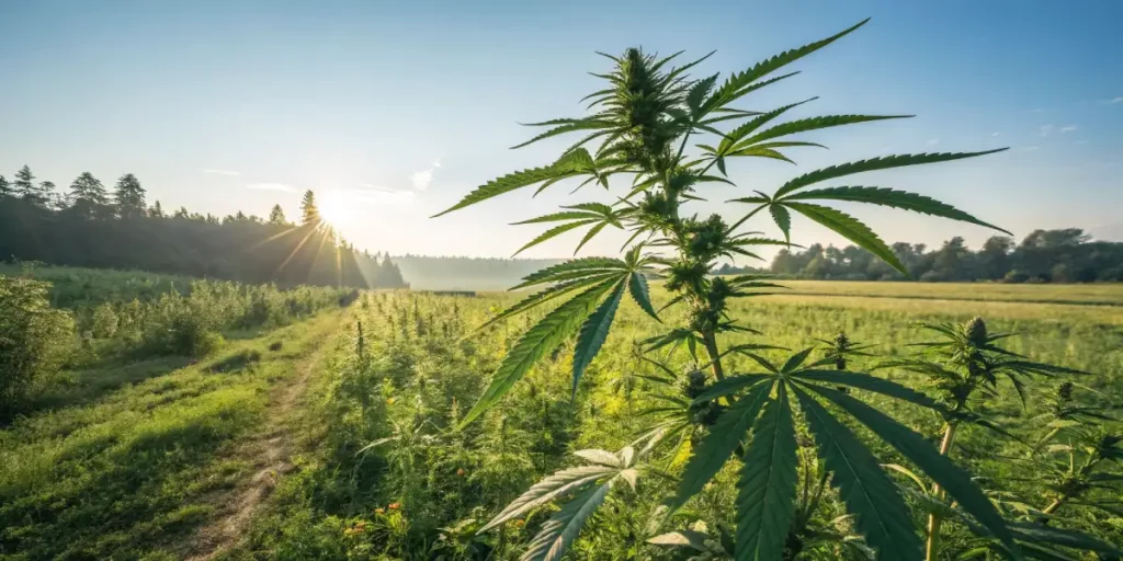 A mature cannabis sativa plant standing tall in a lush green field under the sun.