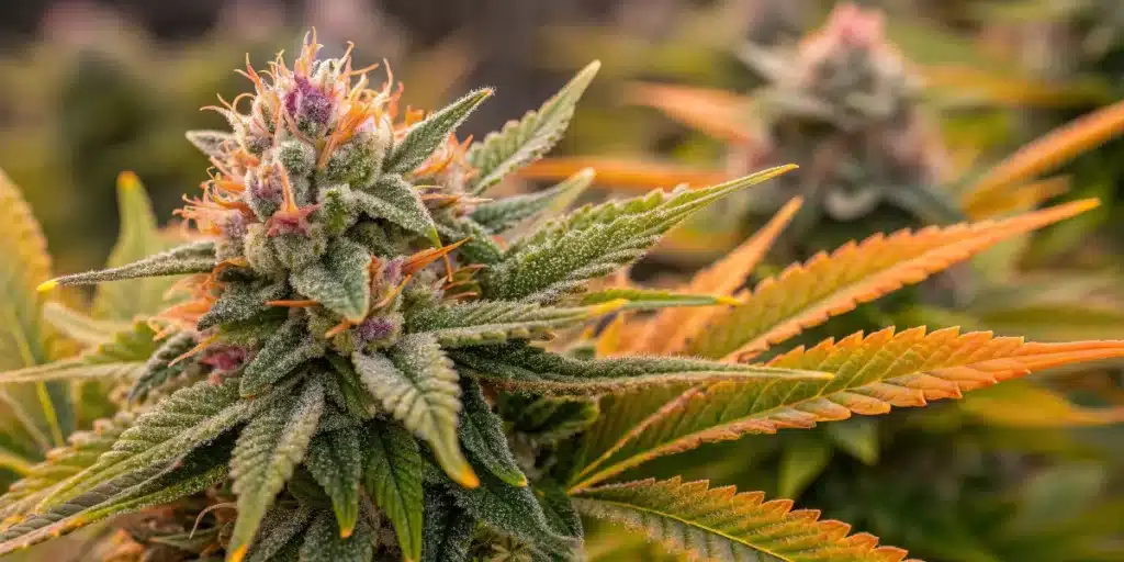 Close-up of Mazar x Blueberry Strain flower showing frosty trichomes, orange pistils, and subtle purple tips in outdoor setting.