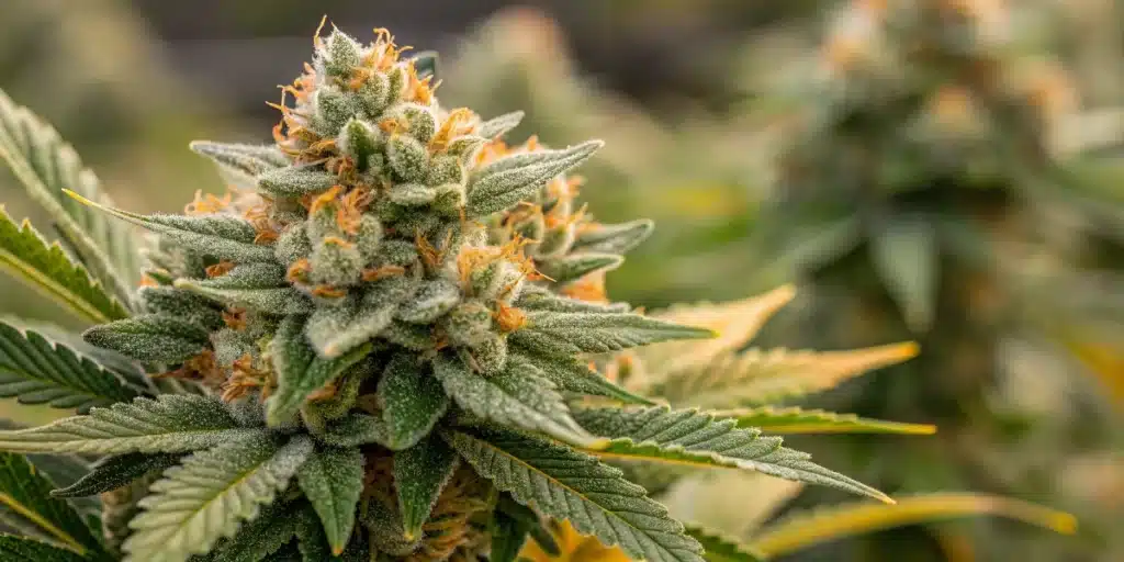 Mazar x Blueberry Strain plant in full bloom outdoors, with dense trichome-covered buds and vibrant green foliage.