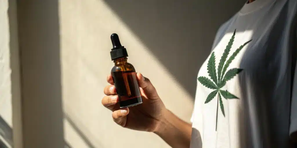 Realistic image of an individual comparing a medical cannabis tincture and a recreational joint, underscoring the distinctions between medical and recreational weed.