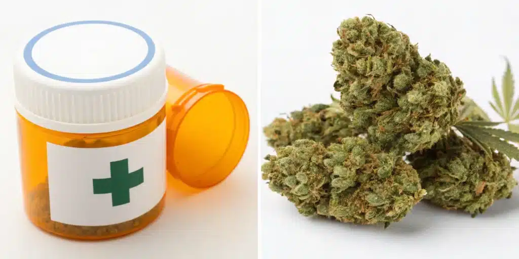 Realistic image comparing medical weed with a medical label and recreational weed with vivid packaging, illustrating their differences.