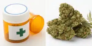 Realistic image comparing medical weed with a medical label and recreational weed with vivid packaging, illustrating their differences.